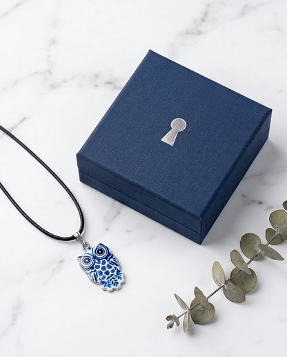 Artistic Blue Porcelain Owl Totem Pendant Necklace