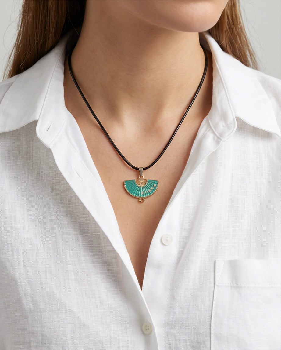 Teal Floral Fan Pendant Necklace