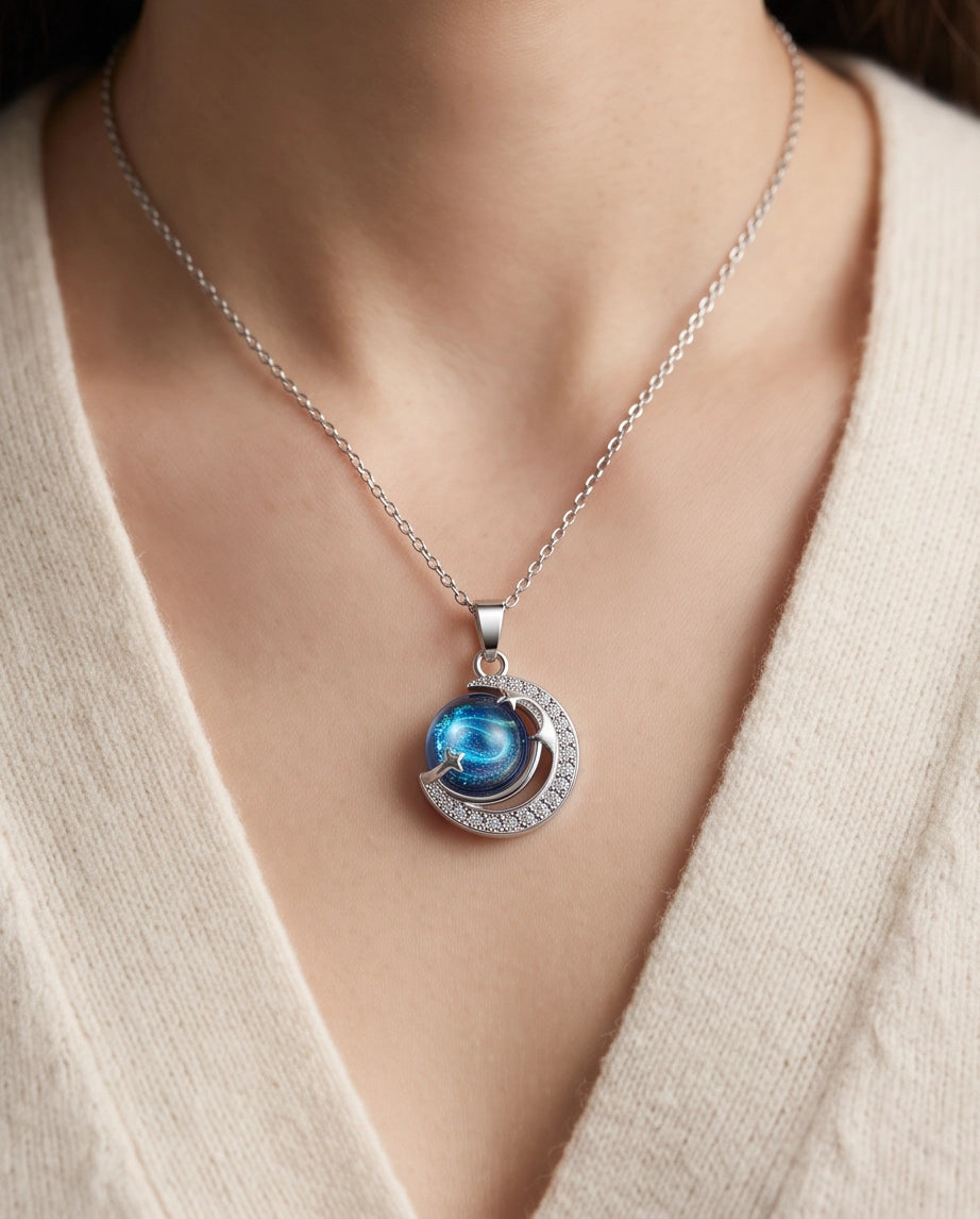 Silver Crystal Crescent Moon Cosmic Galaxy Orb Pendant Necklace