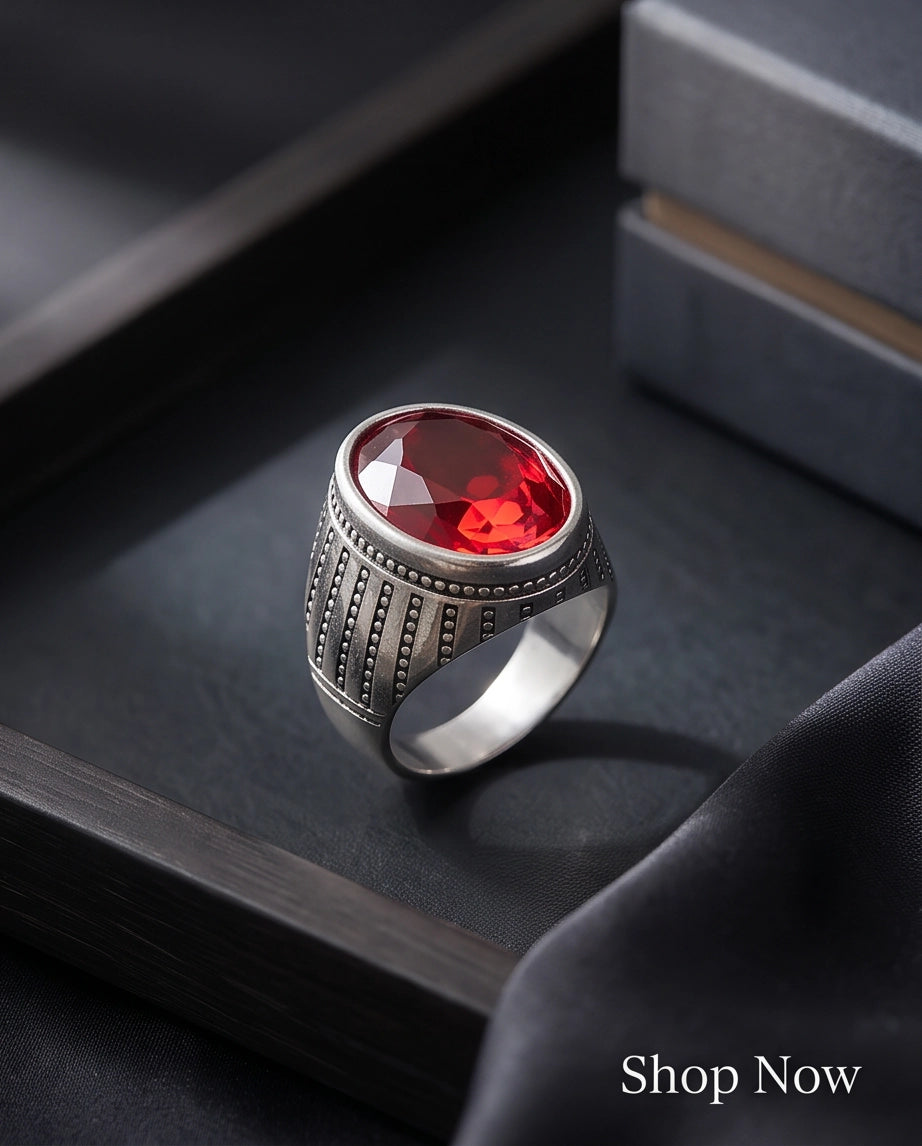 Ruby Gemstone Beaded Surround Vertical Ribbed Silver Ring