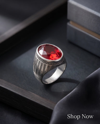 Ruby Gemstone Beaded Surround Vertical Ribbed Silver Ring