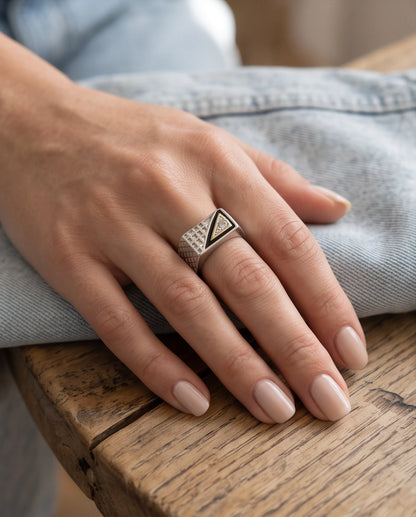 Split-Face Onyx & Clear Crystal Diamond-Mesh Silver Ring