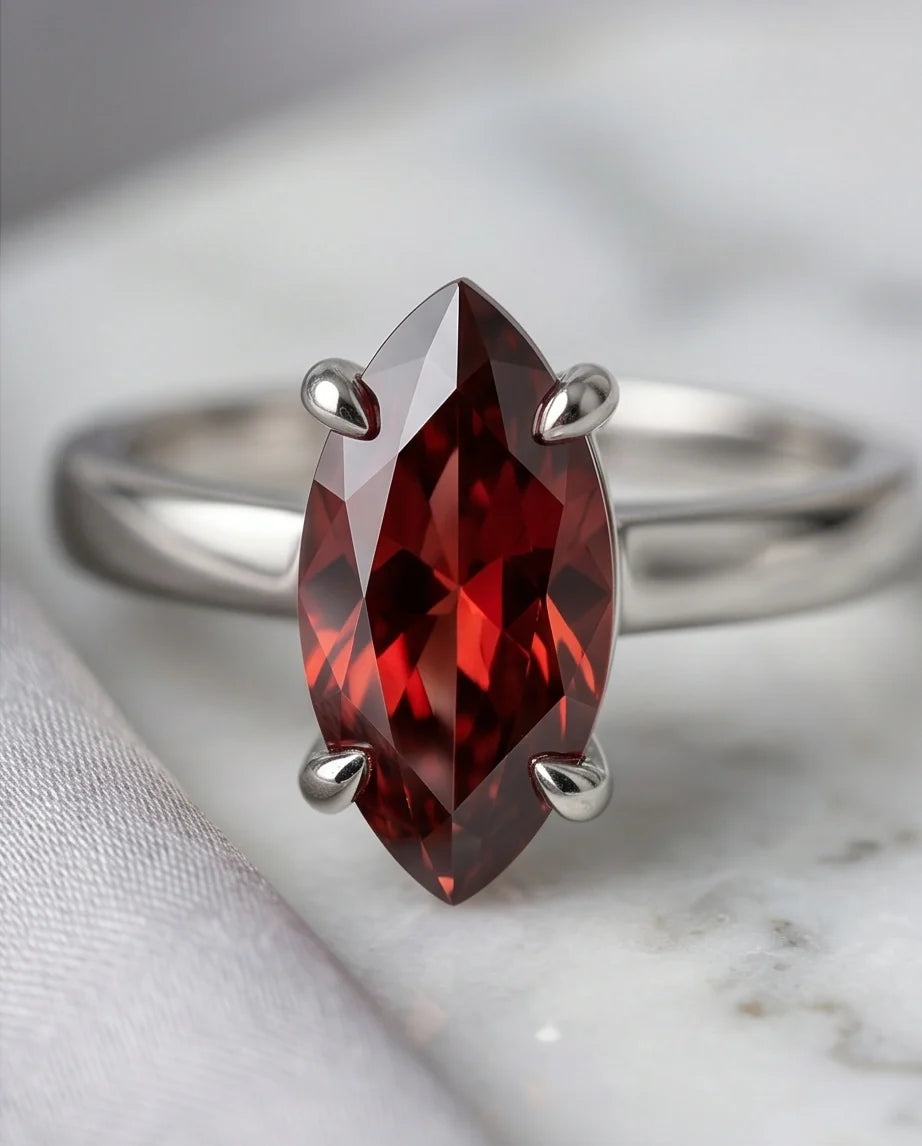 Sterling Silver Marquise-Cut Amber Carnelian Solitaire Ring