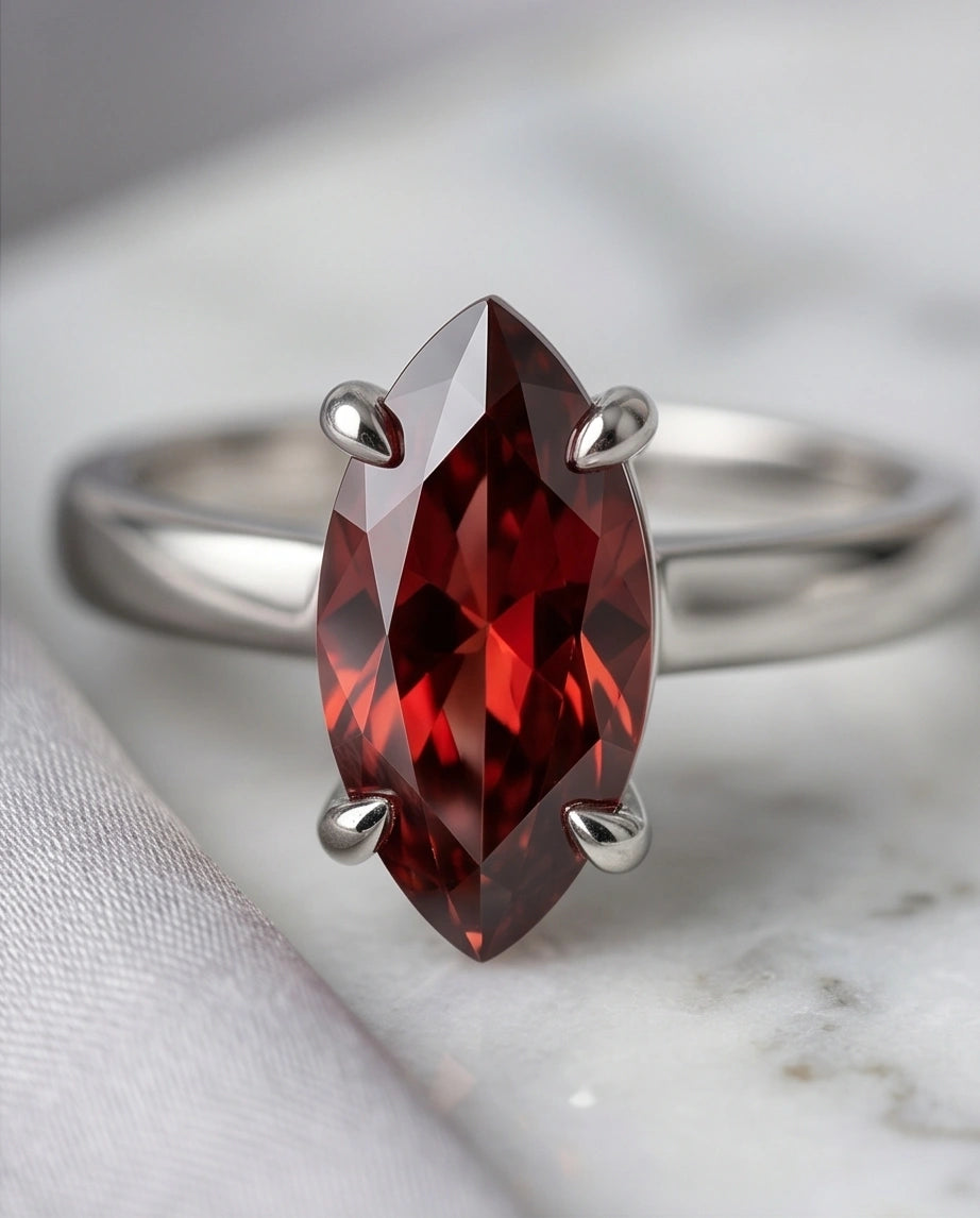 Sterling Silver Marquise-Cut Amber Carnelian Solitaire Ring