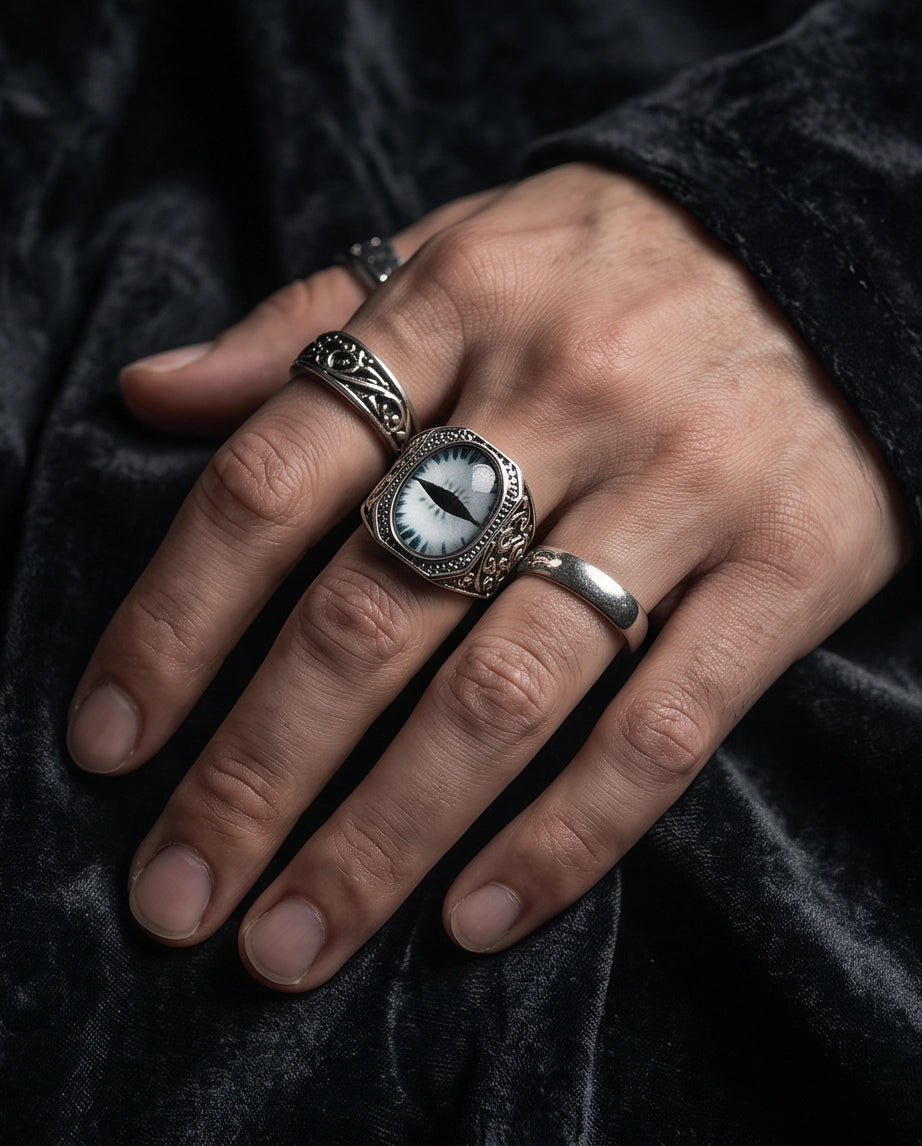 Frost Slit-Pupil Ornate Silver Ring