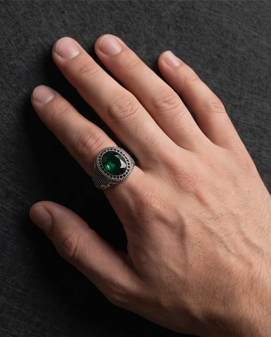 Emerald Gemstone Double Beaded Frame Scroll Silver Ring