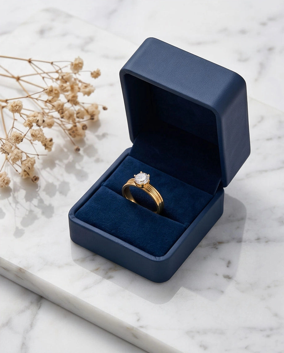 Gold Round Gemstone Grooved Solitaire Ring