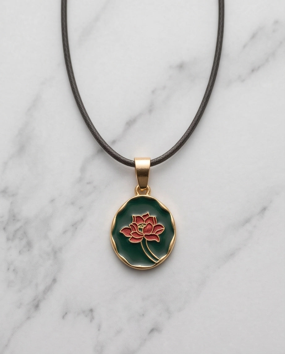 Gold Teal Lotus Enamel Medallion Chain Necklace
