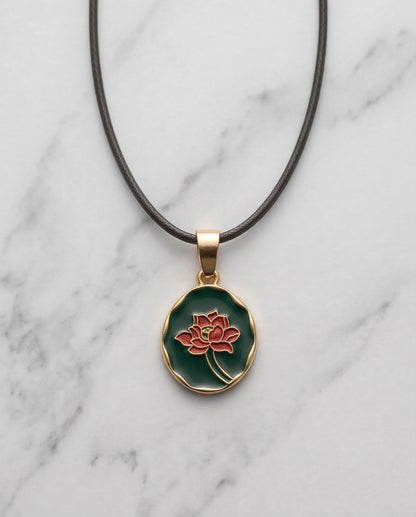 Gold Teal Lotus Enamel Medallion Chain Necklace