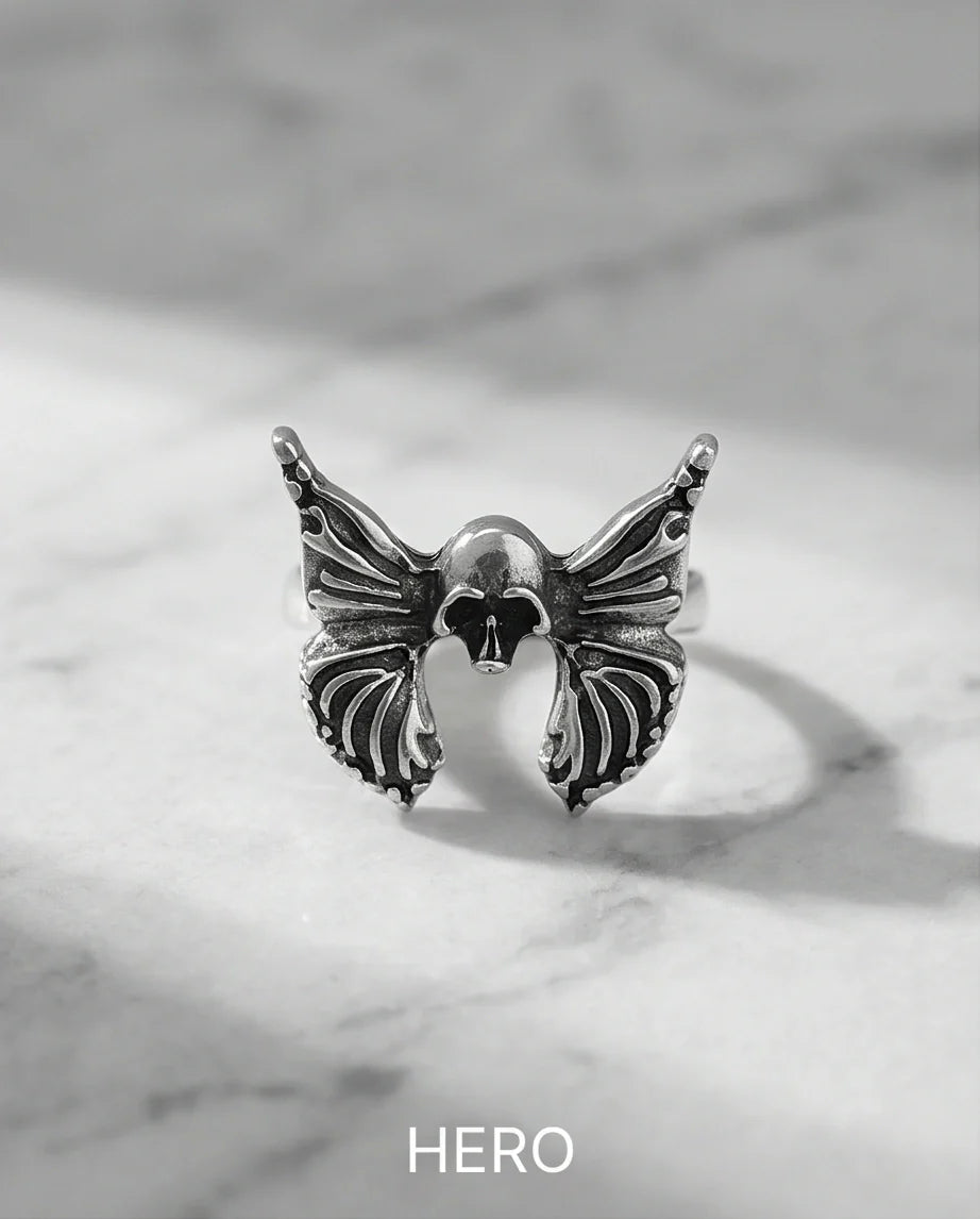 Gothic Sterling Silver Skull Butterfly Ring