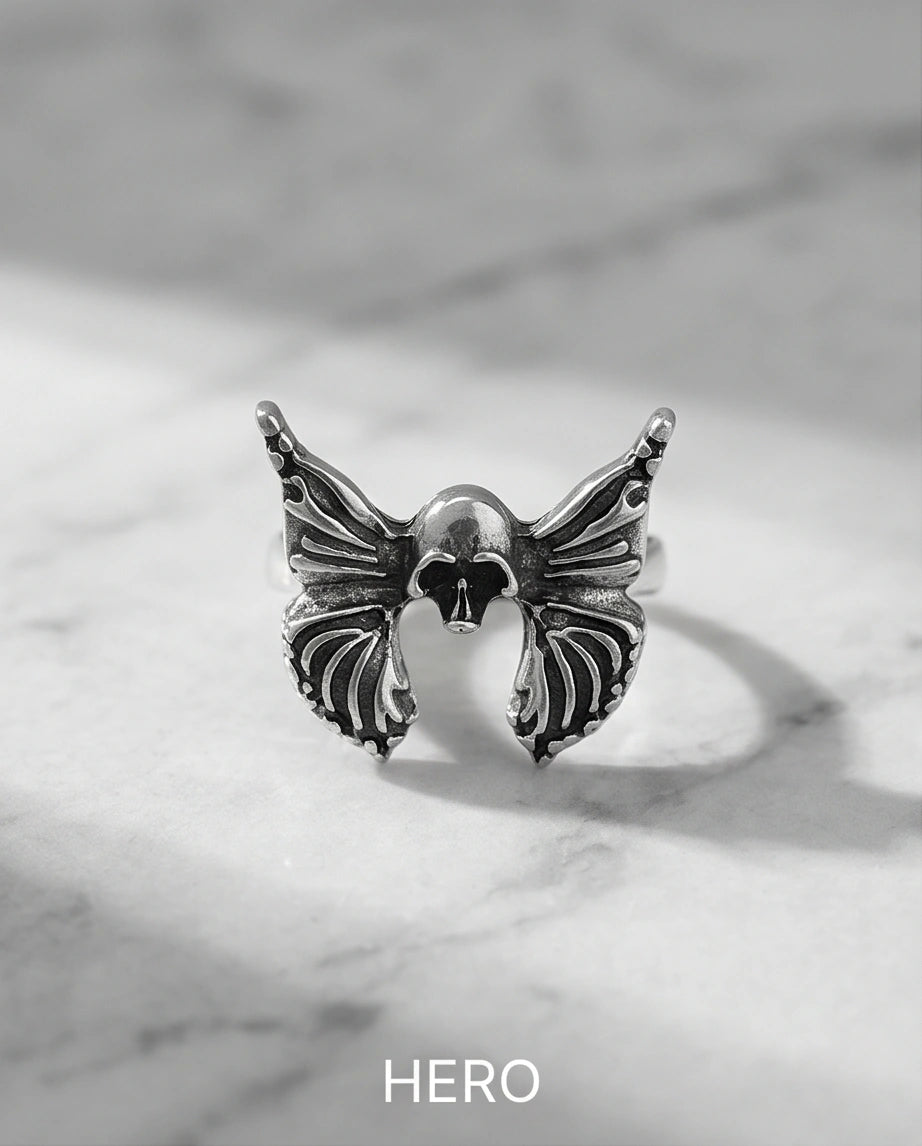 Gothic Sterling Silver Skull Butterfly Ring