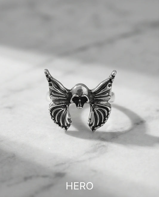 Gothic Sterling Silver Skull Butterfly Ring