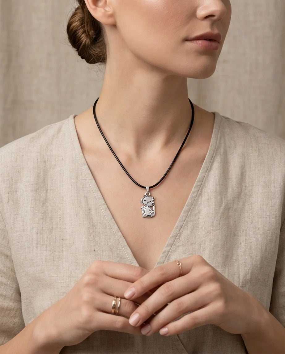 Silver Cute Cat Pendant Necklace