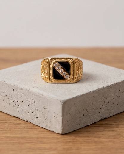 Onyx-Inlay Channel Pavé Diagonal Striped Filigree Gold Ring