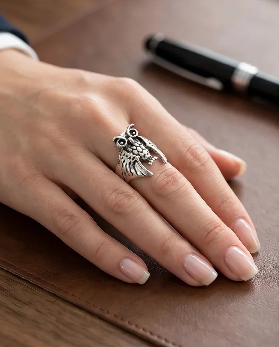 Vintage Silver Oxidized Owl Wisdom Statement Ring