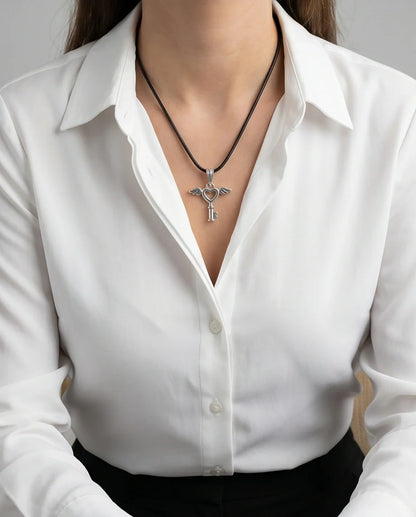 Silver Angel Wing Heart Key Necklace