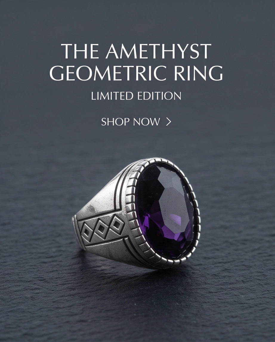 Amethyst Gemstone Notched Bezel Geometric Diamond Silver Ring