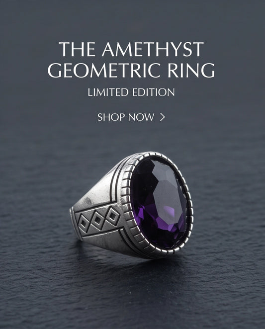 Amethyst Gemstone Notched Bezel Geometric Diamond Silver Ring