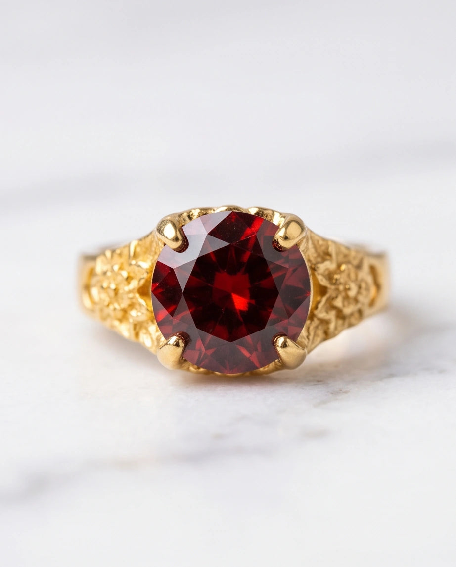 Golden Crimson Botanical Blossom Ring