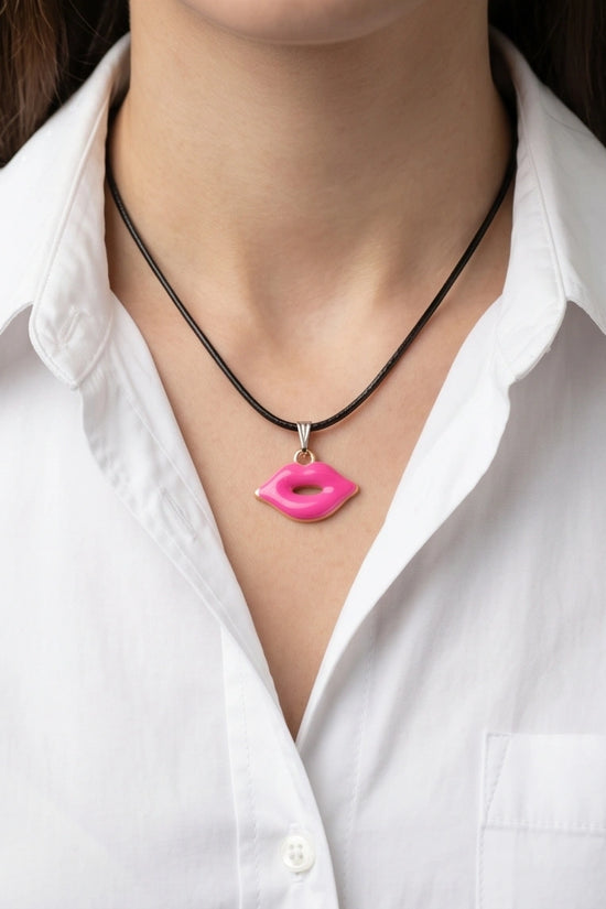 Gold and Pink Lips Pendant Necklace