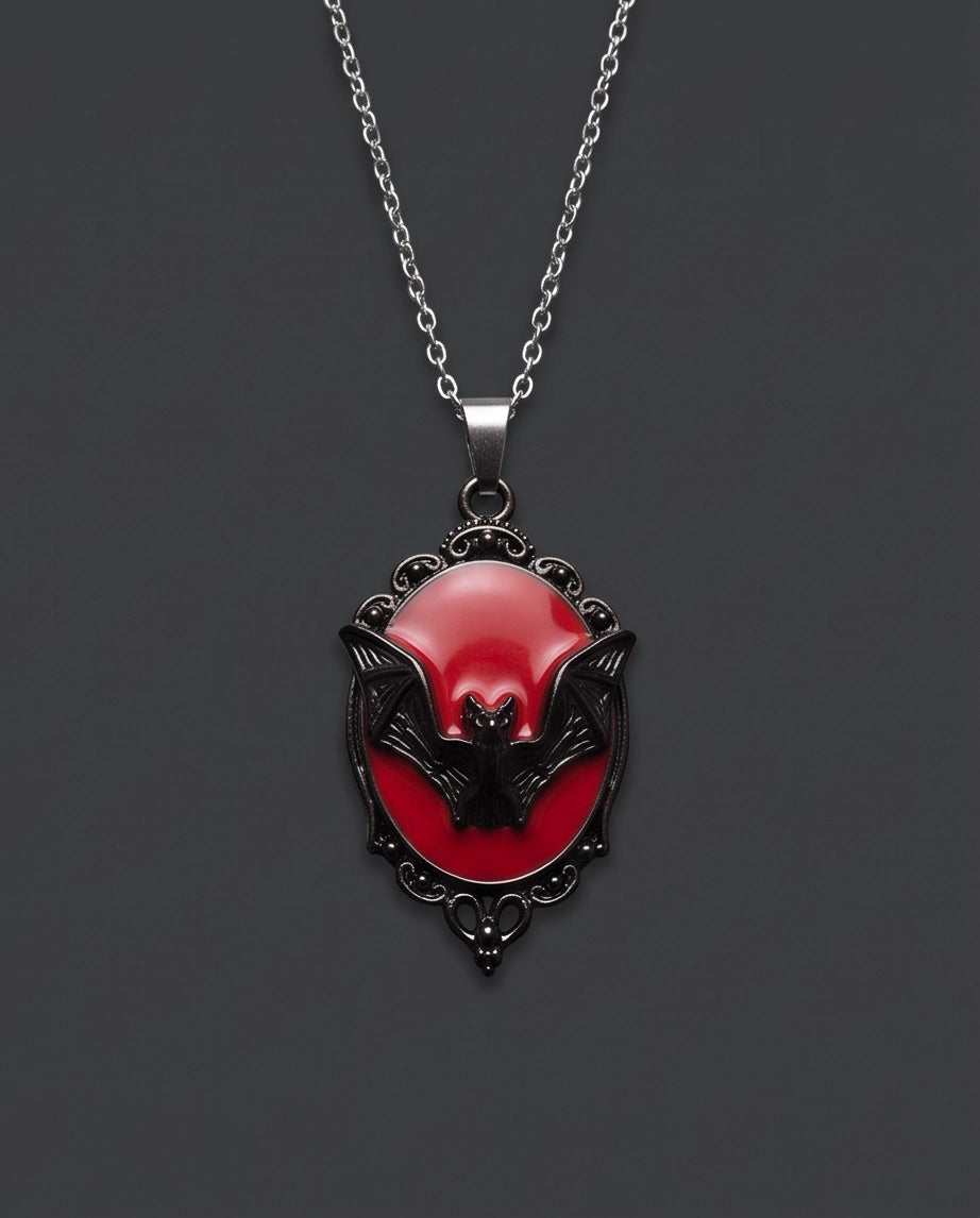 Black Gothic Bat Red Enamel Medallion Chain Necklace