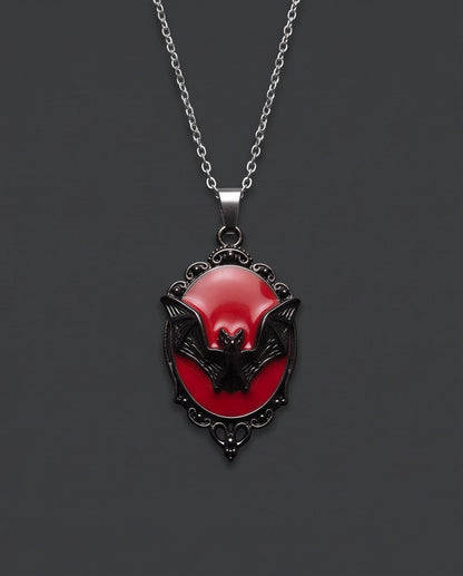Black Gothic Bat Red Enamel Medallion Chain Necklace