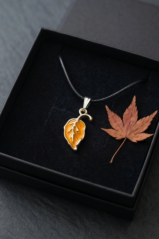 Golden Autumn Leaf Enamel Pendant Necklace