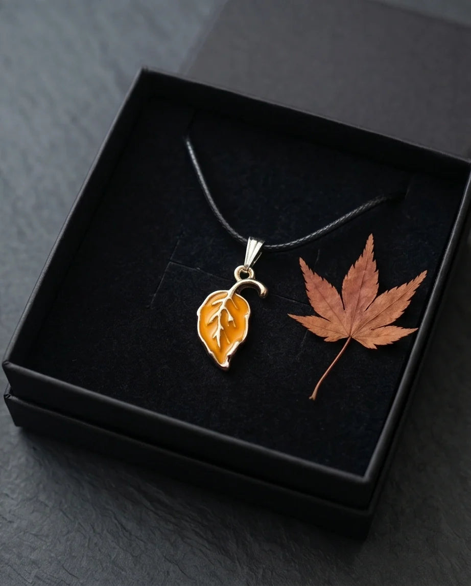 Golden Autumn Leaf Enamel Pendant Necklace