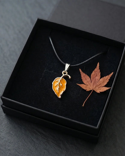 Golden Autumn Leaf Enamel Pendant Necklace
