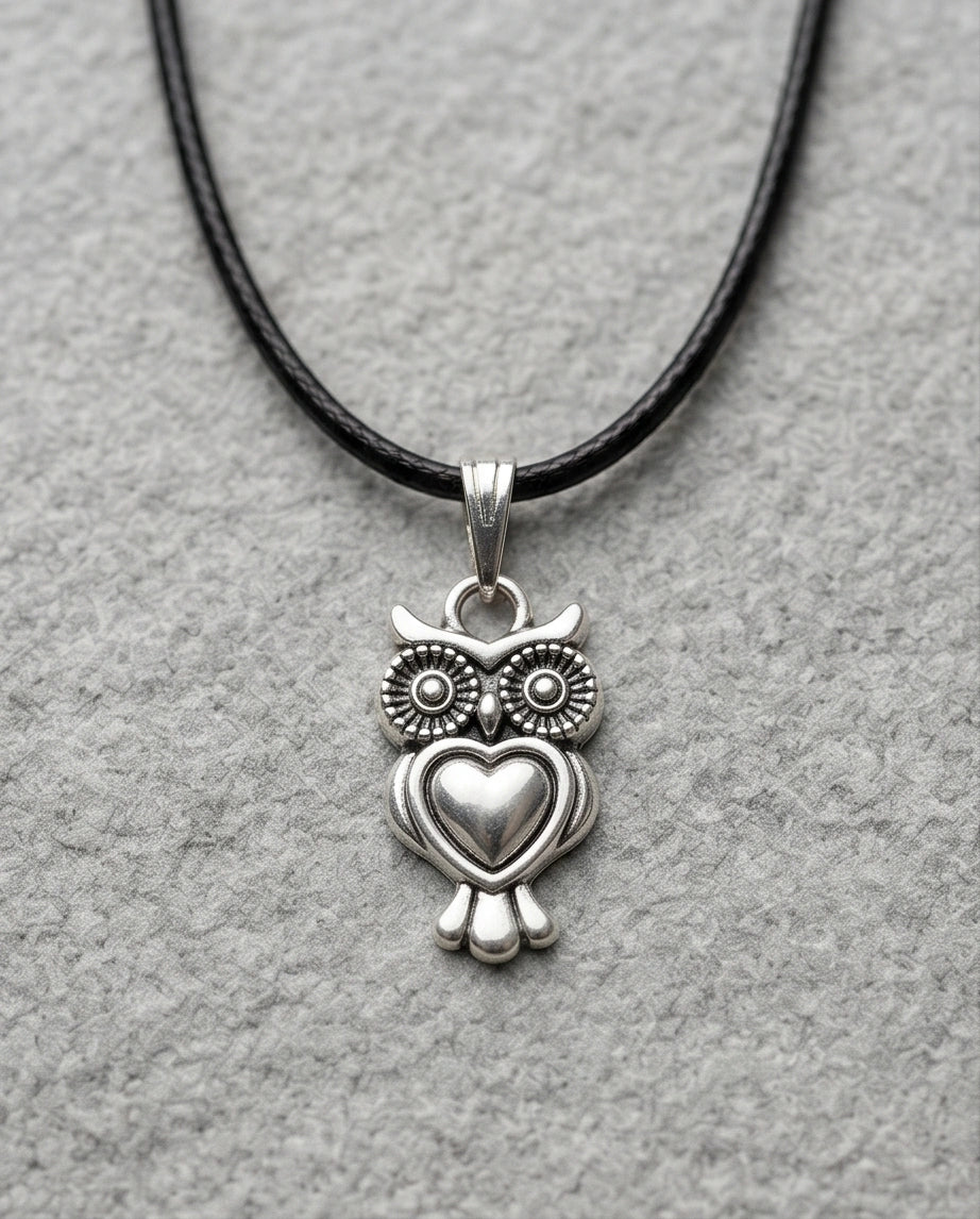 Silver Retro Heart Owl Necklace