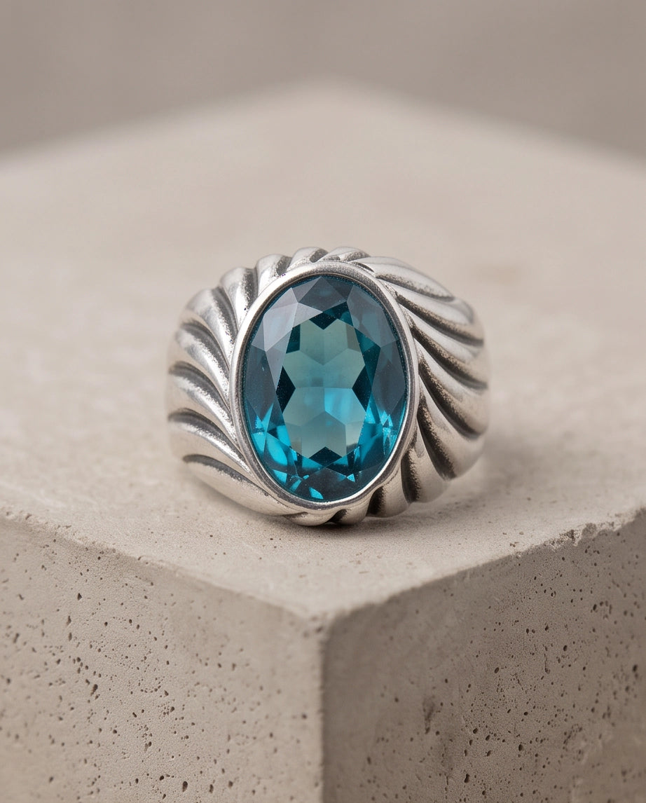 Teal Oval-Cut Gemstone Fluted Cable-Texture Silver Ring
