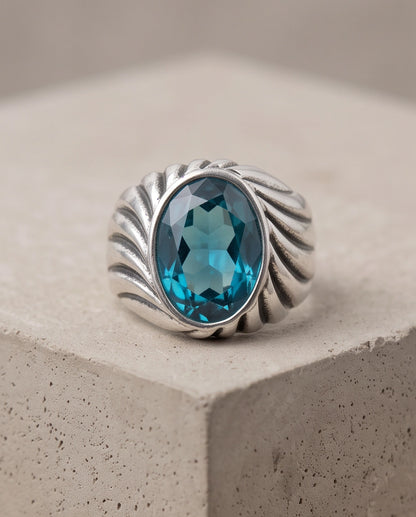 Teal Oval-Cut Gemstone Fluted Cable-Texture Silver Ring