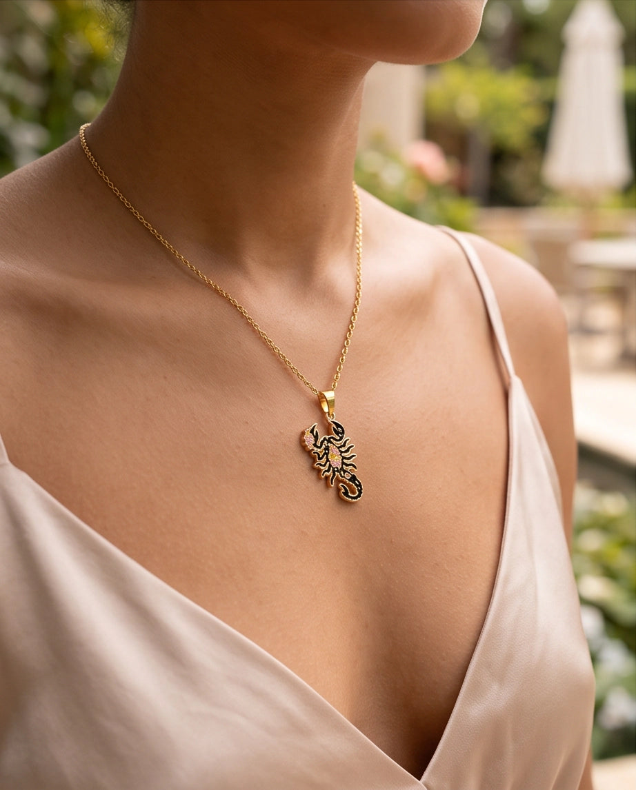 Gold Floral Scorpion Enamel Chain Necklace