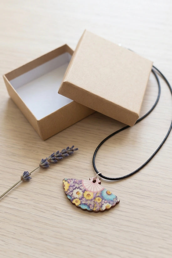 Vintage Blue & Yellow Floral Hand-Fan Pendant Necklace