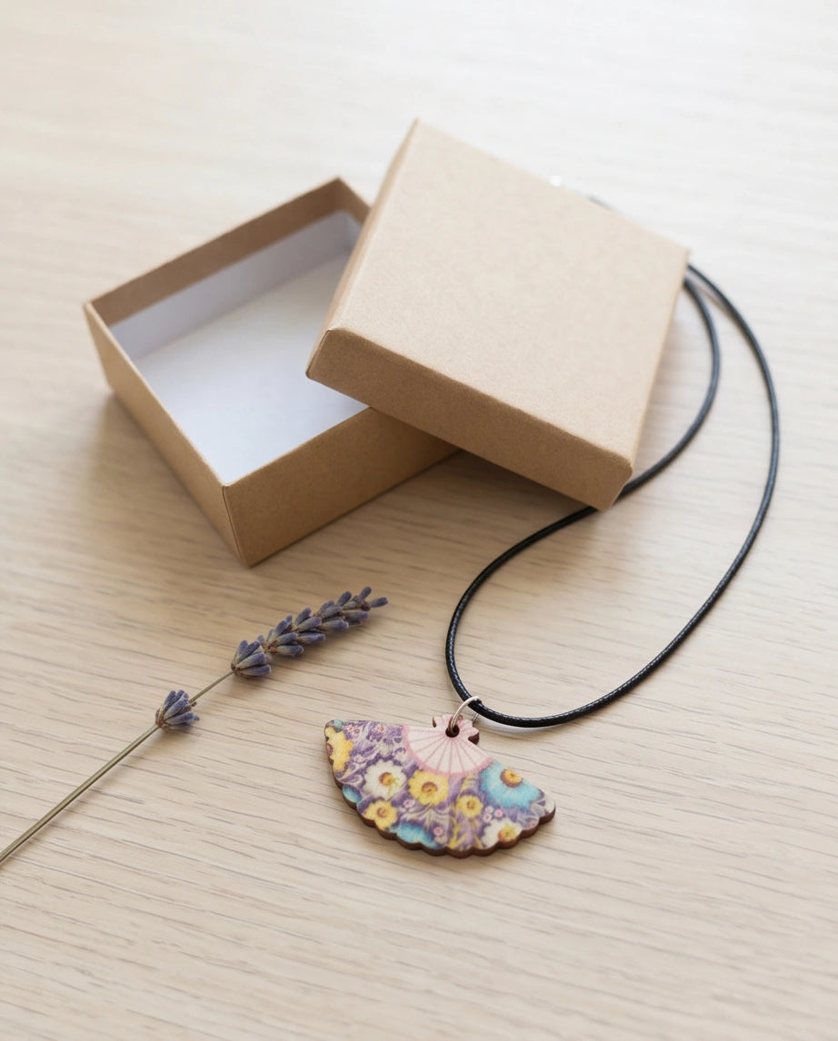 Vintage Blue & Yellow Floral Hand-Fan Pendant Necklace