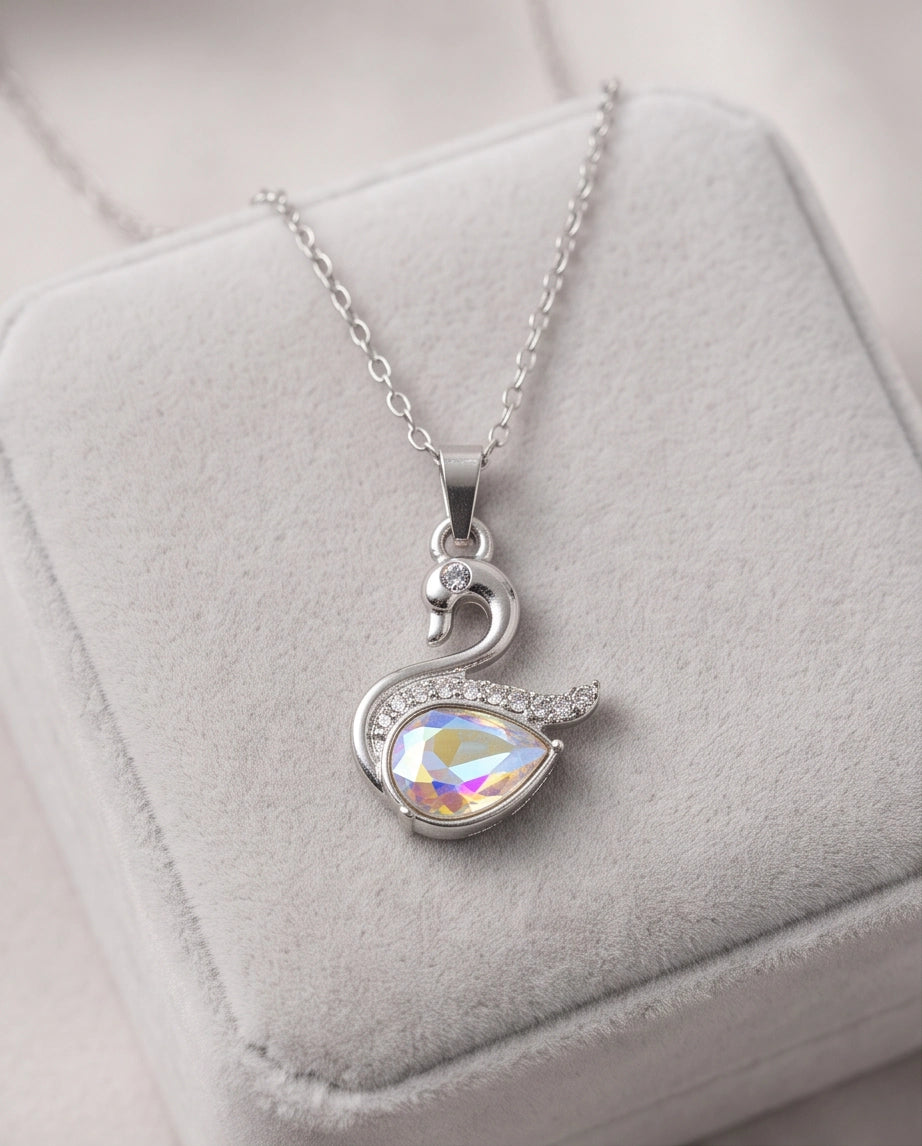 Silver Opaline Crystal Swan Pendant Necklace