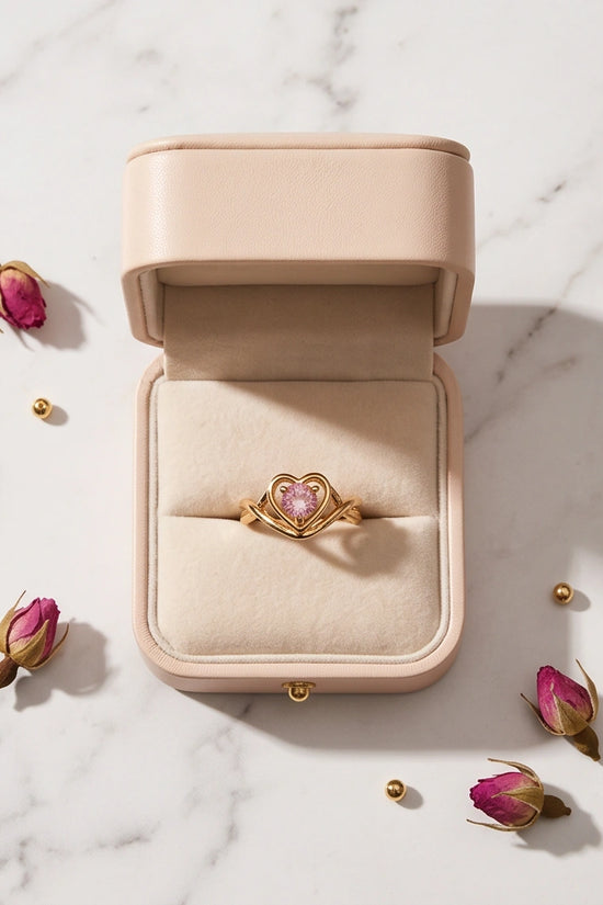Gold Pink Tourmaline Heart Openwork Ring