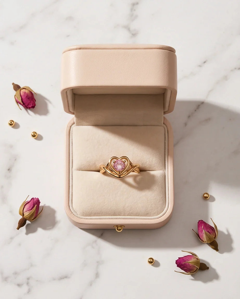 Gold Pink Tourmaline Heart Openwork Ring