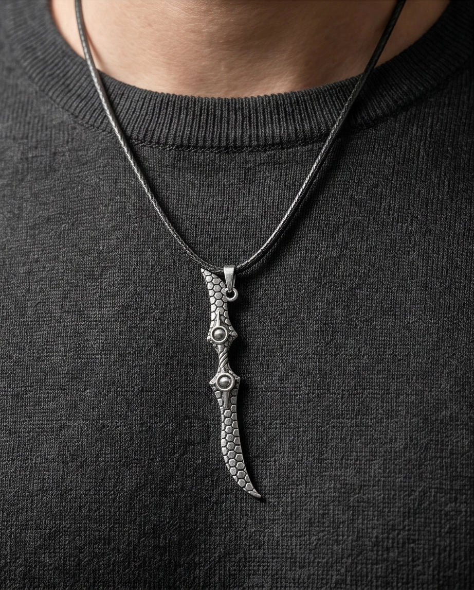 Antique Silver Scaled Dagger Pendant Necklace