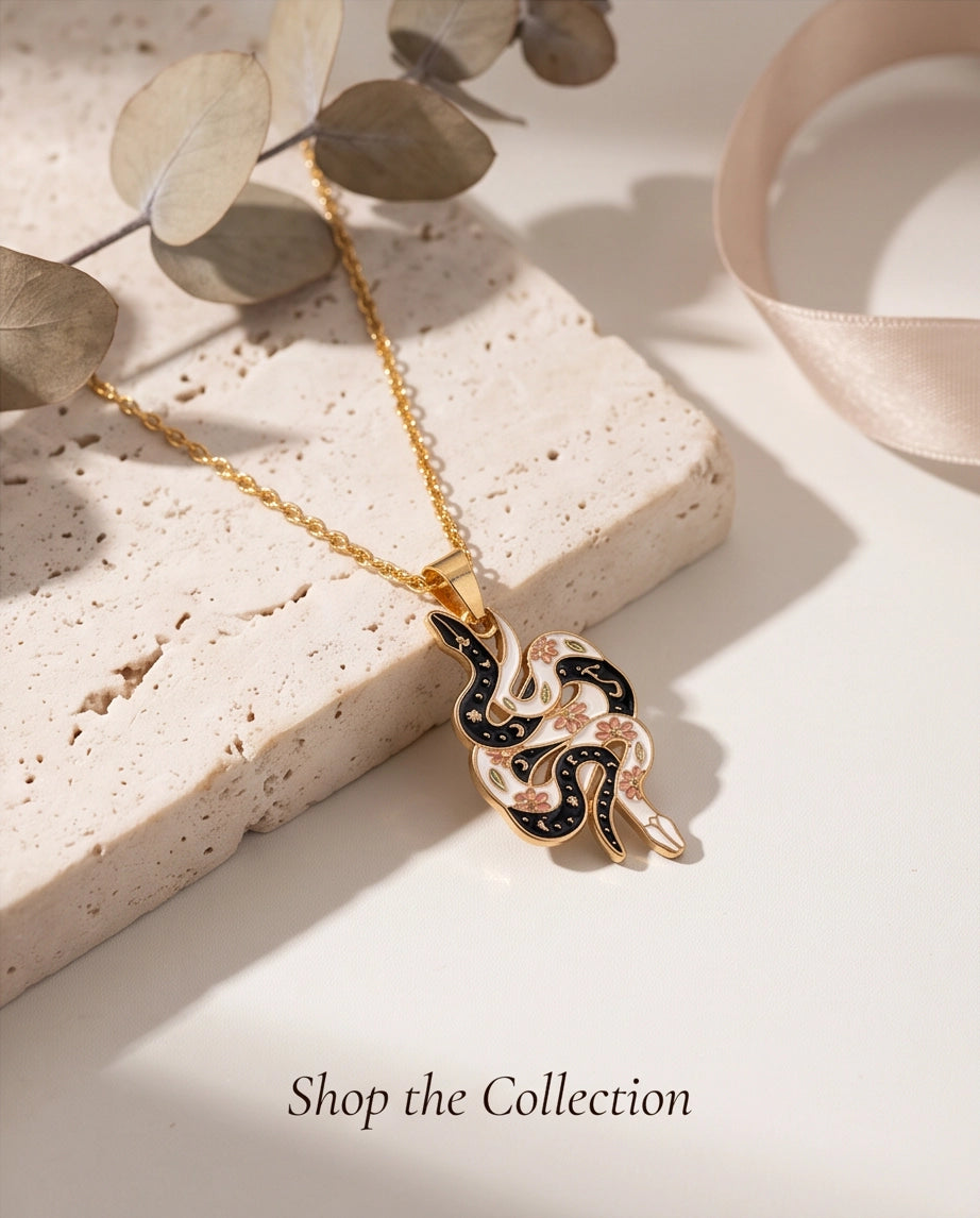 Gold Floral Serpent Enamel Pendant Necklace