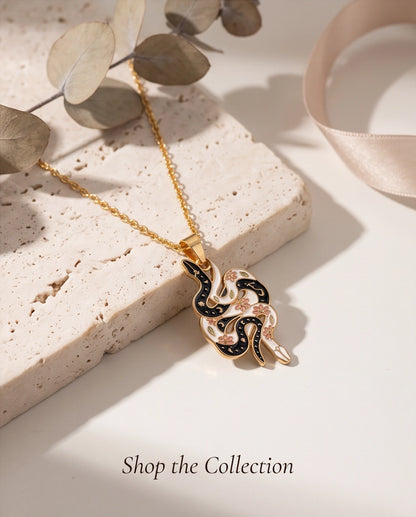 Gold Floral Serpent Enamel Pendant Necklace