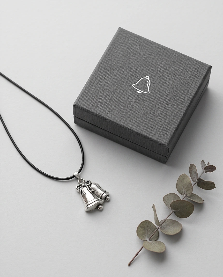 Silver Double Bells Ribbon Pendant Necklace