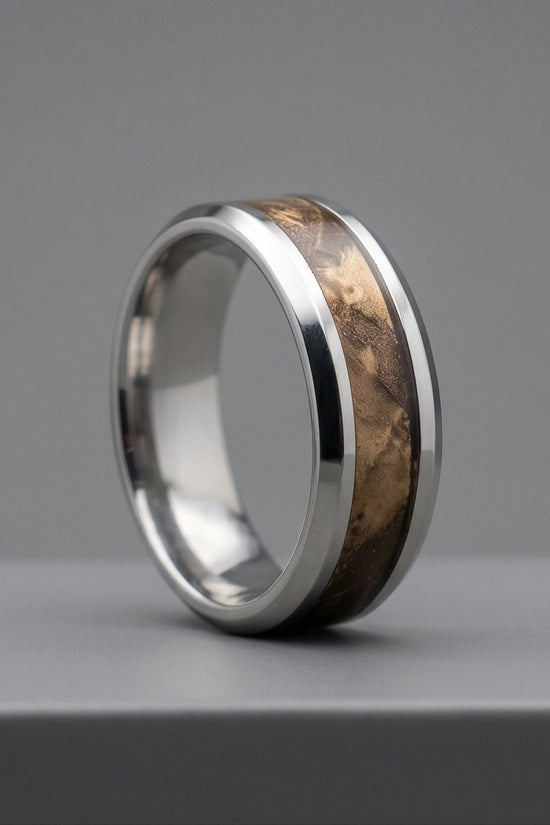 Natural Koa Wood Inlay Silver Band Ring