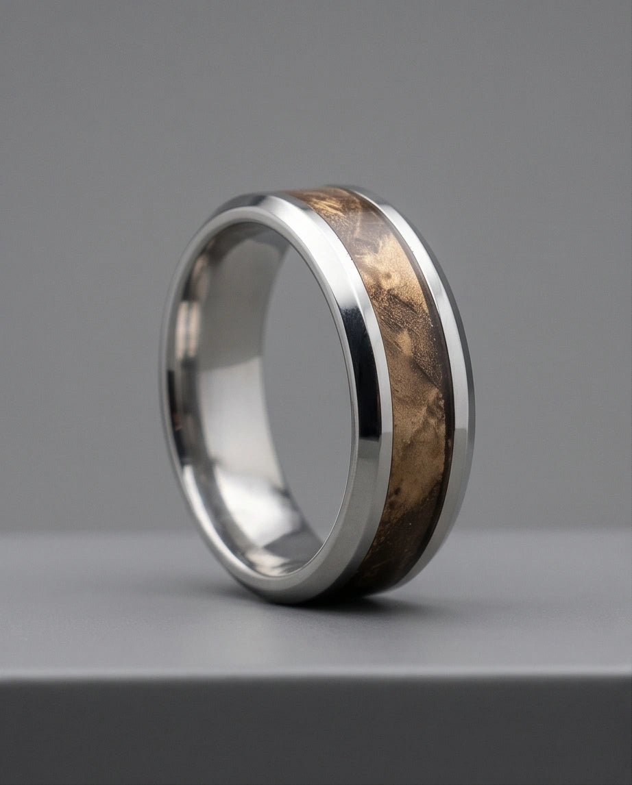 Natural Koa Wood Inlay Silver Band Ring