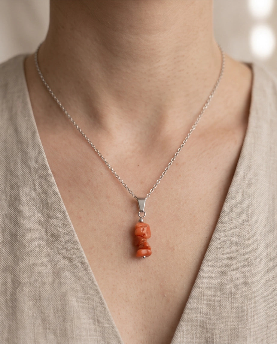 Silver Stacked Raw Red Agate Chip Stone Pendant Necklace