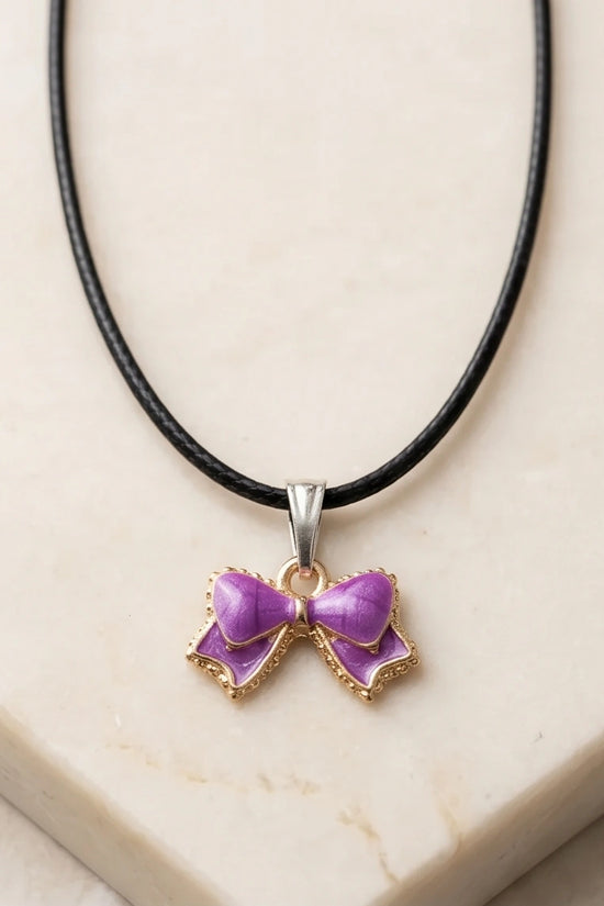 Glossy Purple Bow Enamel Pendant Necklace