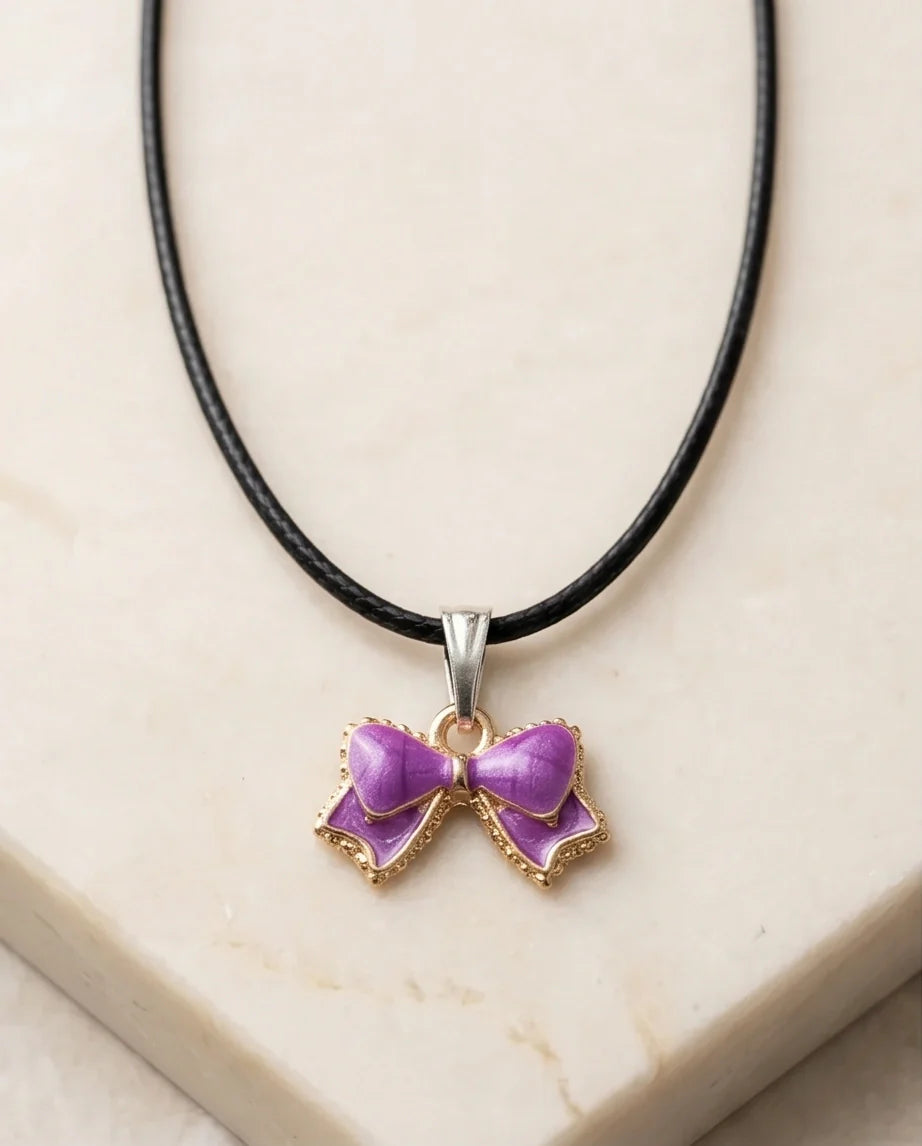 Glossy Purple Bow Enamel Pendant Necklace