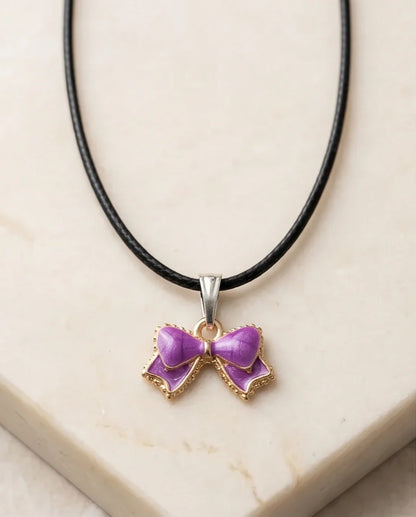 Glossy Purple Bow Enamel Pendant Necklace