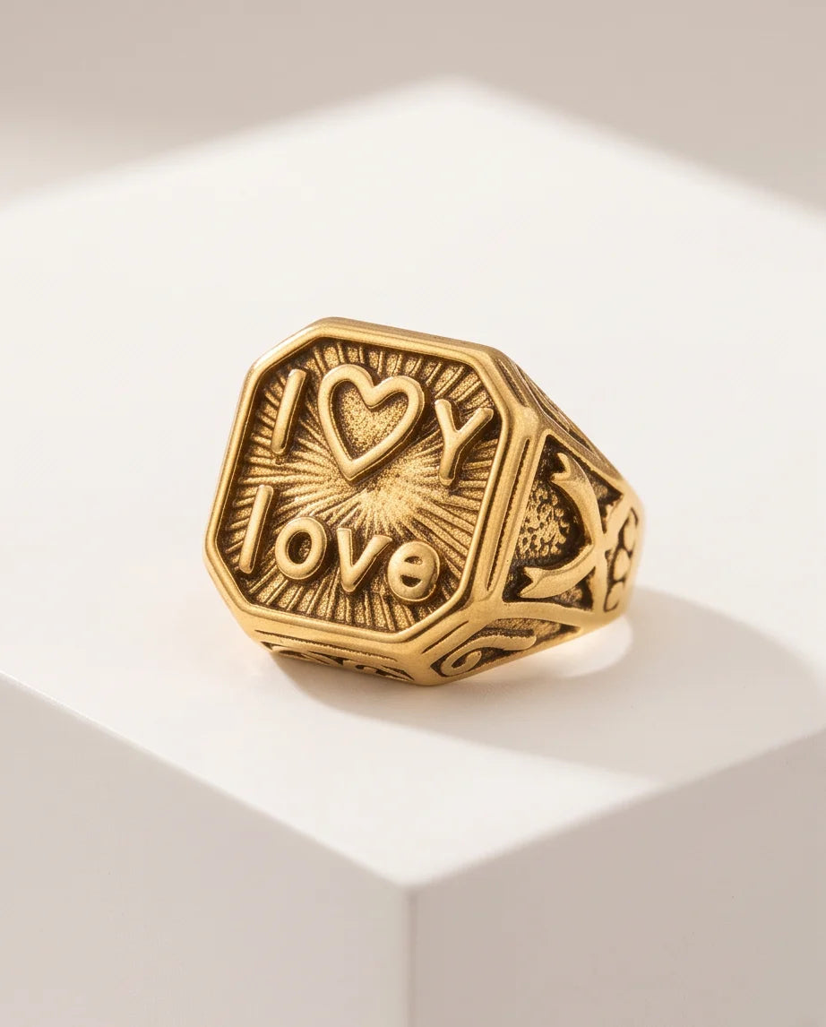 Sunburst "I Love" Gold Signet Ring