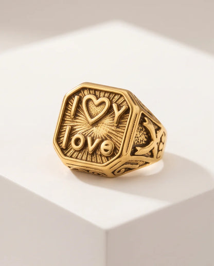 Sunburst "I Love" Gold Signet Ring
